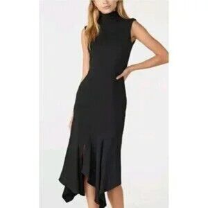 Karl Lagerfeld Mock Neck Asymmetrical Midi Dress Women's Size 14 Black